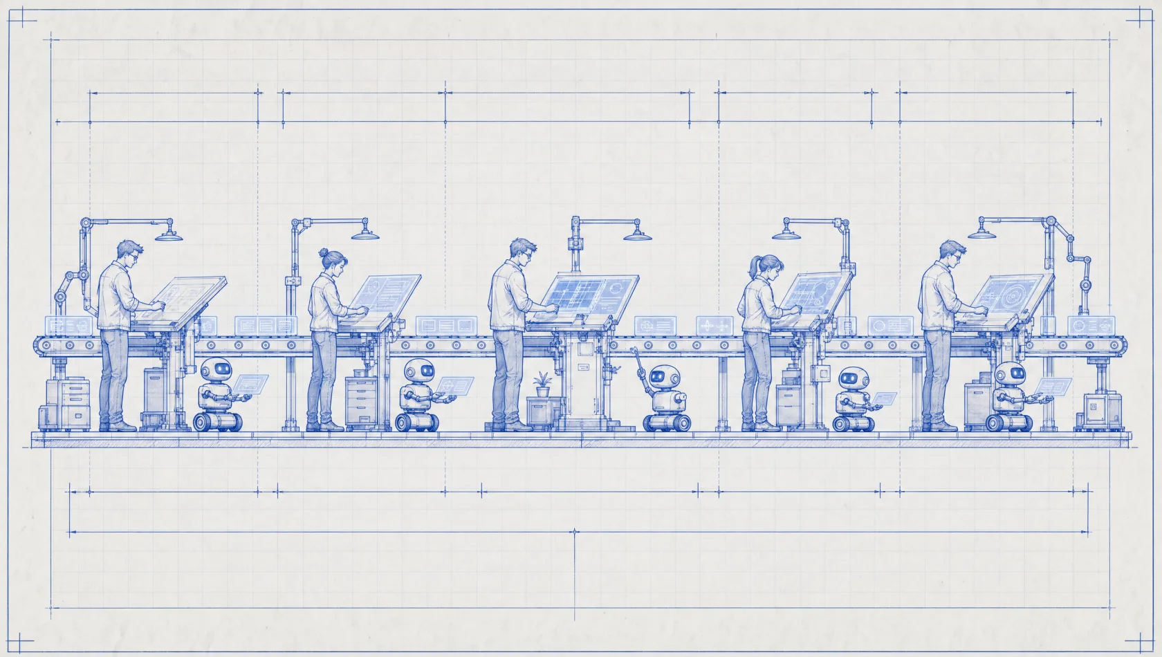 AIと人が並走する開発ラインの製図。5つの工程を人とAIエージェントが受け渡していく。
